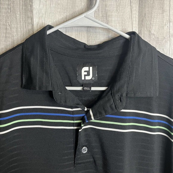 FootJoy FJ Golf Polo Shirt Adult XL Short Sleeve Chest Stripes Black Blue Mens - Picture 2 of 8
